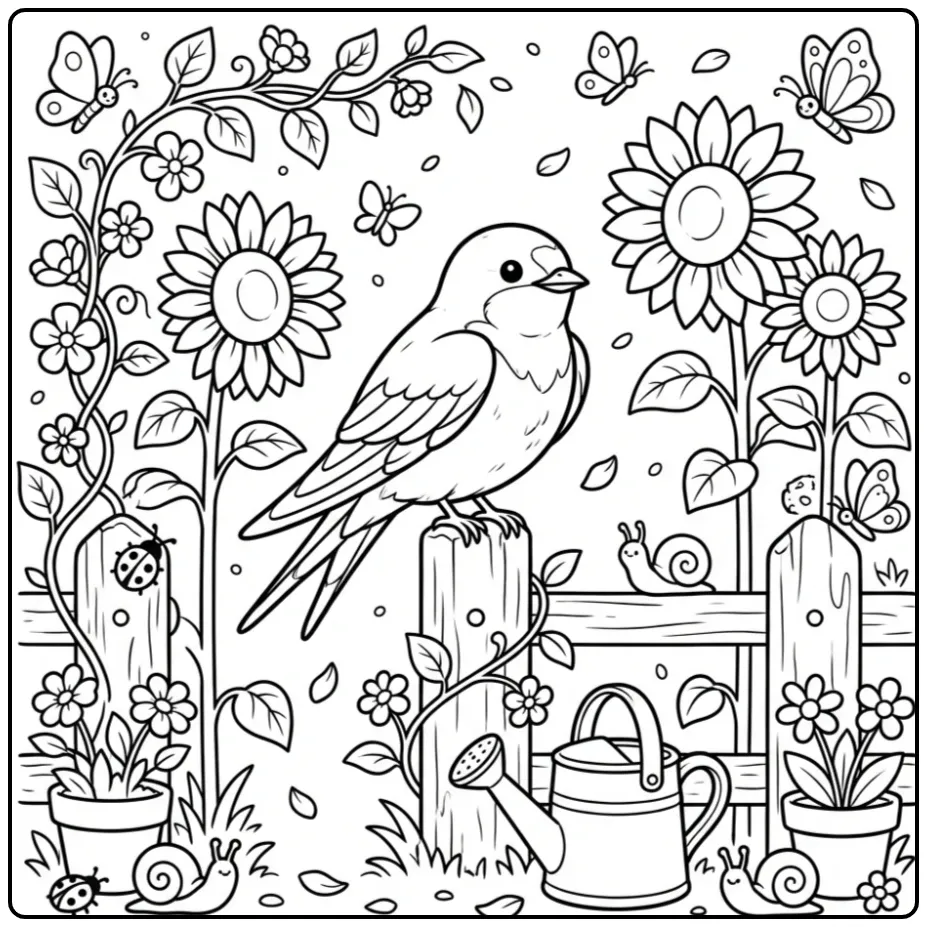 Cheerful Swallow with Sunflowers and Butterflies coloring page