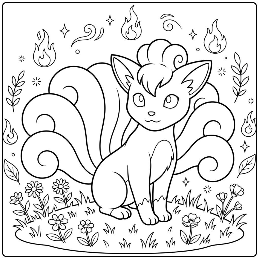 Pokemon Elegant Vulpix with Flowers and Flames coloring page