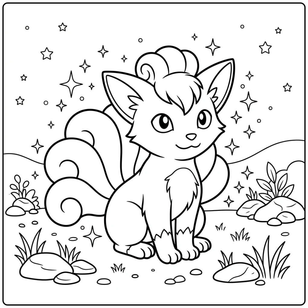 Vulpix Sitting Sparkling Stars Pokemon Cute coloring page