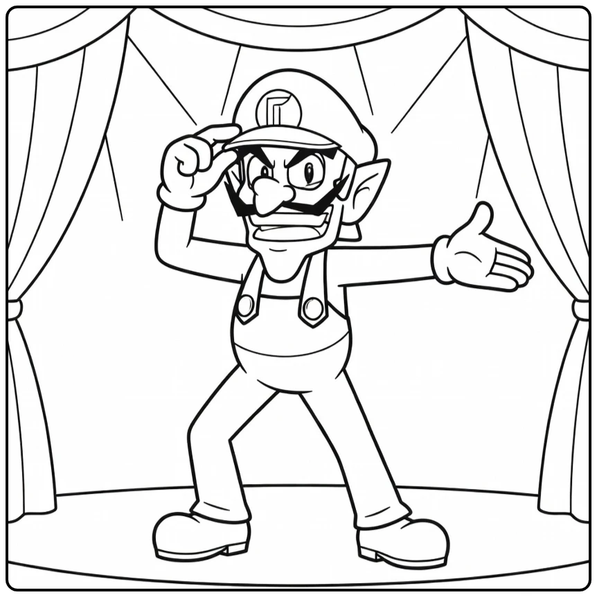 Waluigi coloring page with an energetic sports scene