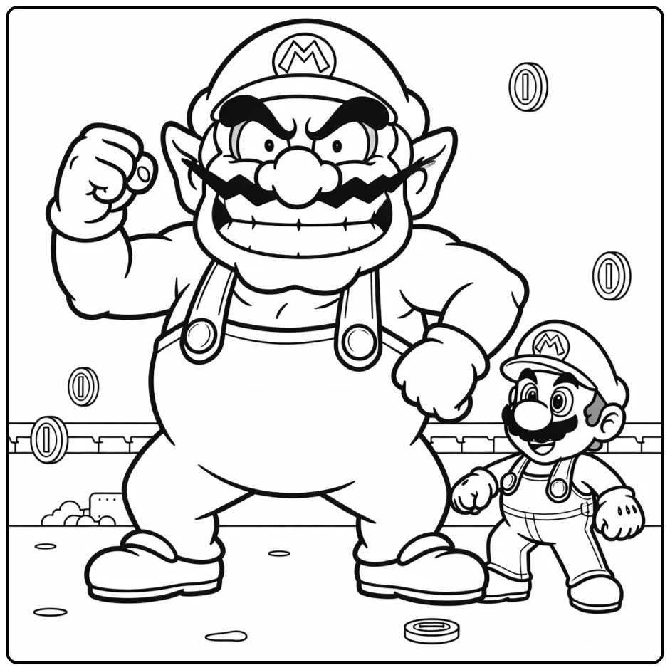 Wario coloring page with a funny character pose