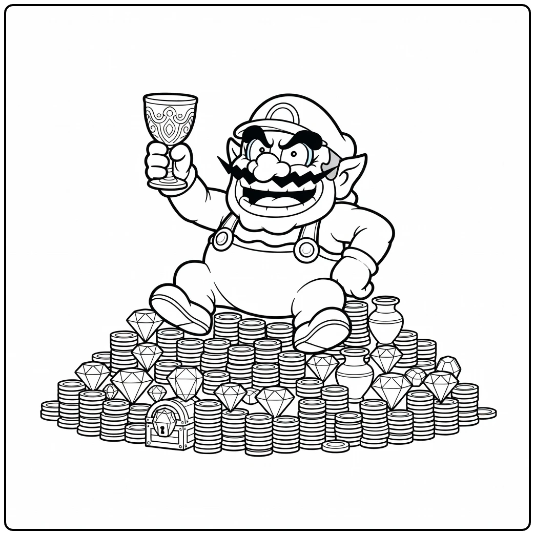 Golden Coins and a Smiling Wario coloring page