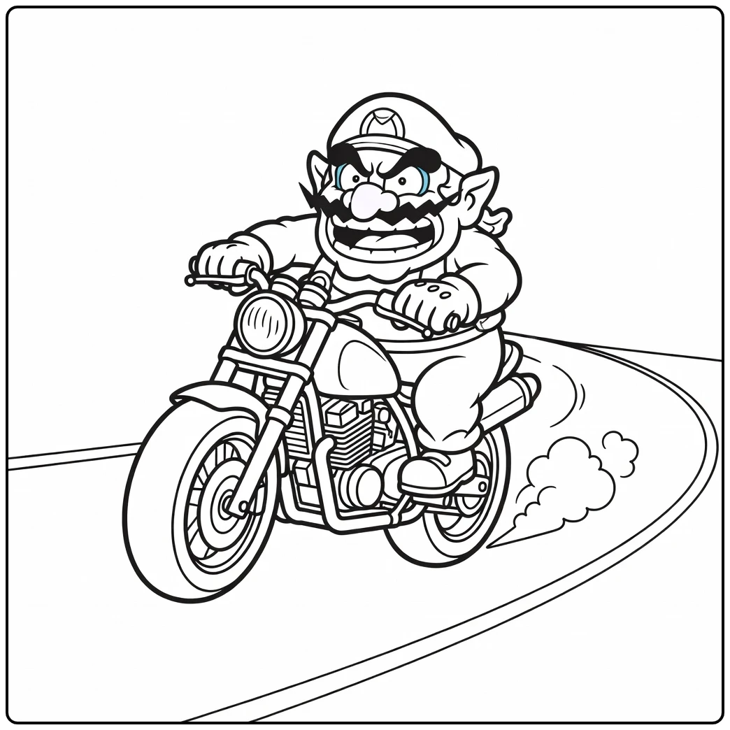 Wario Speeding Around the Race Track on a Motorcycle coloring page