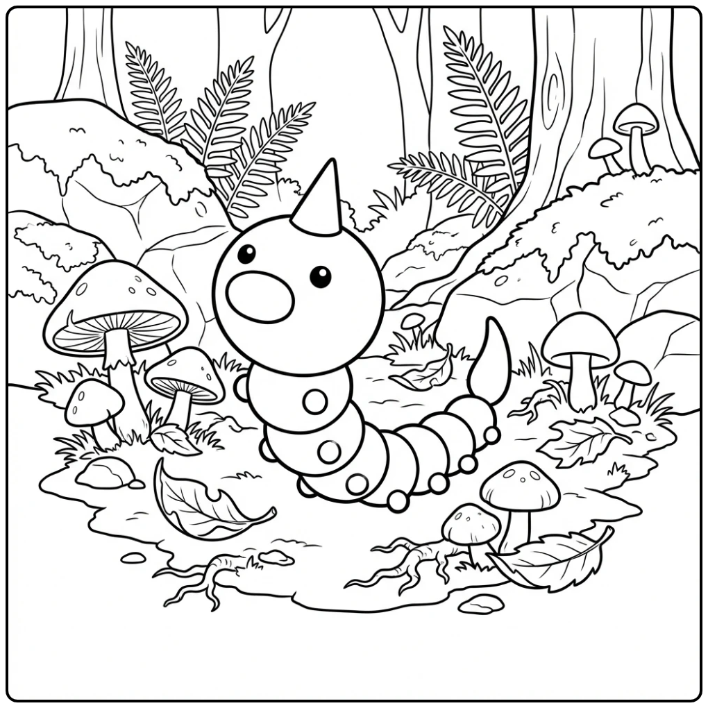 Weedle Adventure on the Forest Floor Among Leaves coloring page