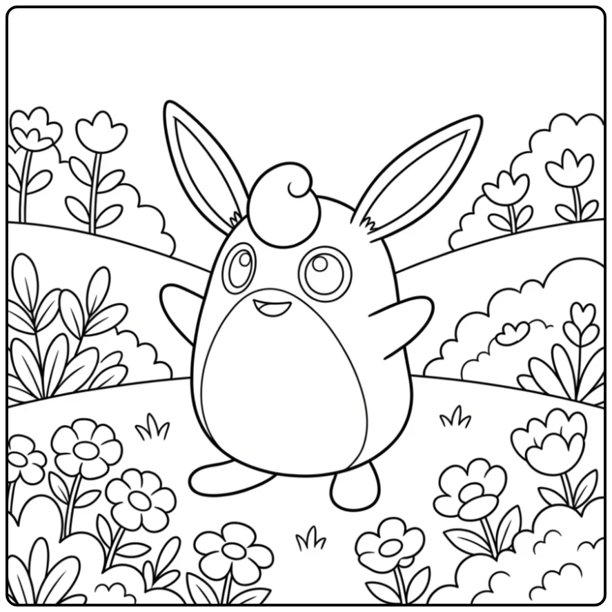 Wigglytuff Cheerful Pokemon in a Flower Meadow coloring page
