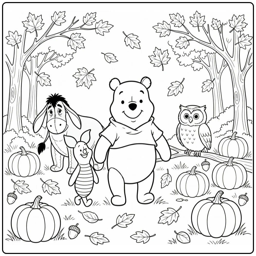 Winnie the Pooh Cozy Autumn Walk with Falling Leaves Pumpkins coloring page