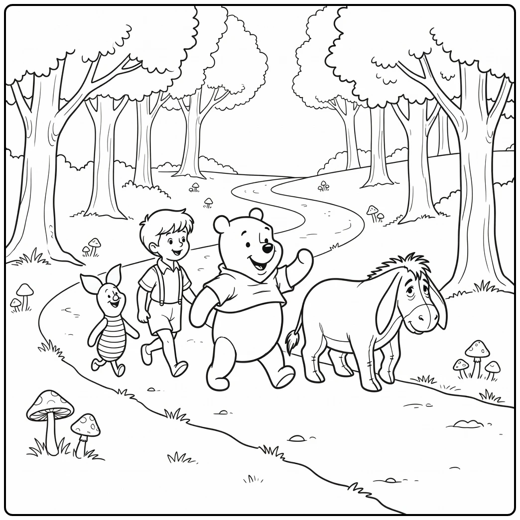 Winnie the Pooh Christopher Robin Friends on Path coloring page