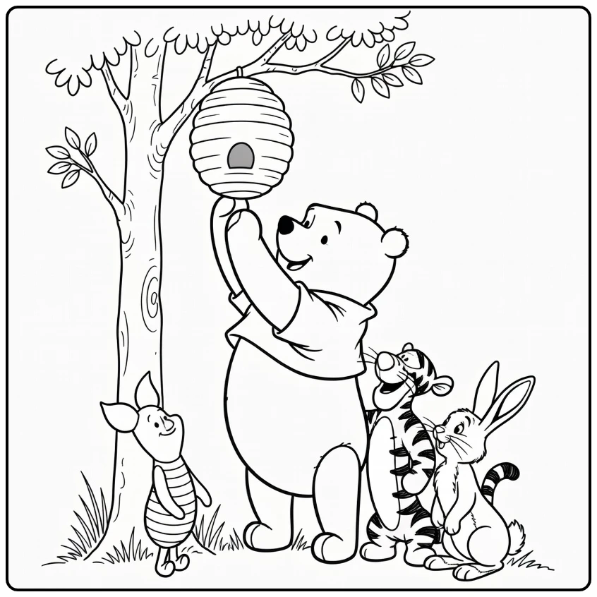 Winnie the Pooh with Piglet, Tigger, and Rabbit coloring page