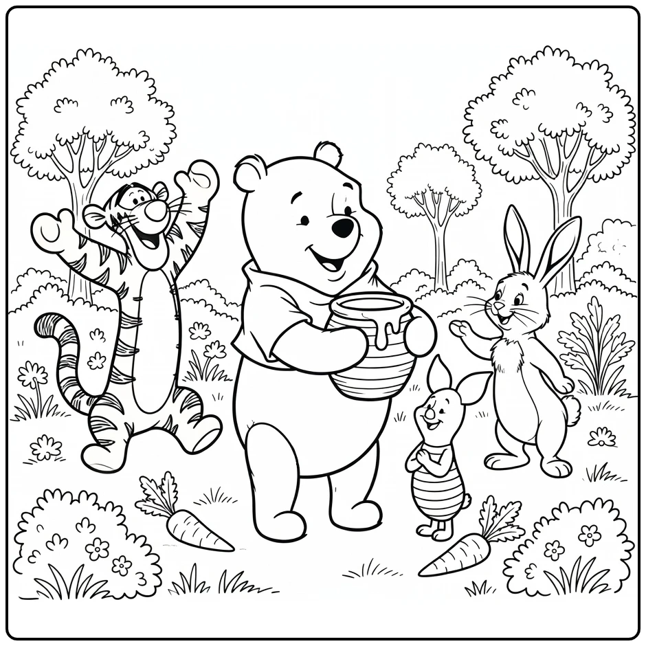Winnie the Pooh coloring page with familiar friends