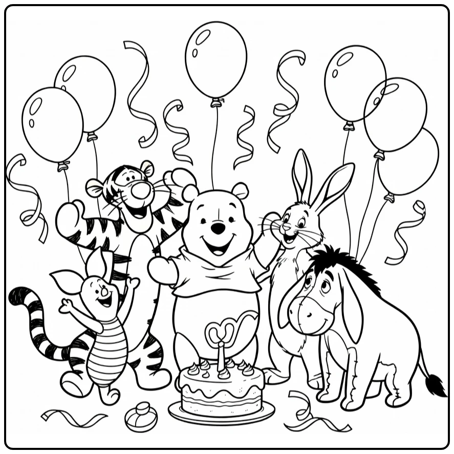 Winnie the Pooh Celebrating Birthday with Friends coloring page