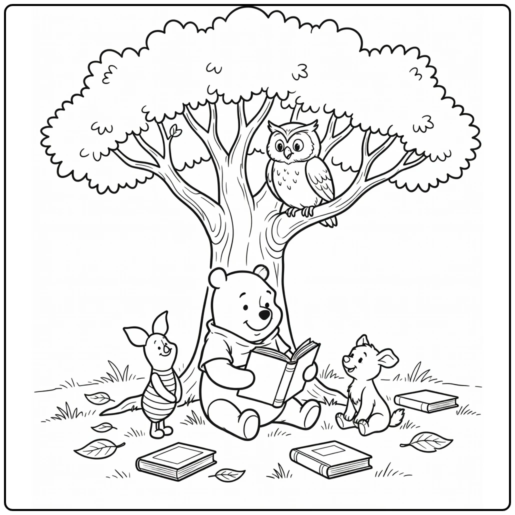 Winnie the Pooh Reading Aloud at Friends Under Tree coloring page