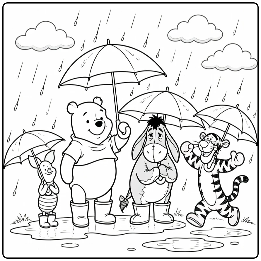 Winnie the Pooh Rainy Fun with Umbrellas and Boots coloring page