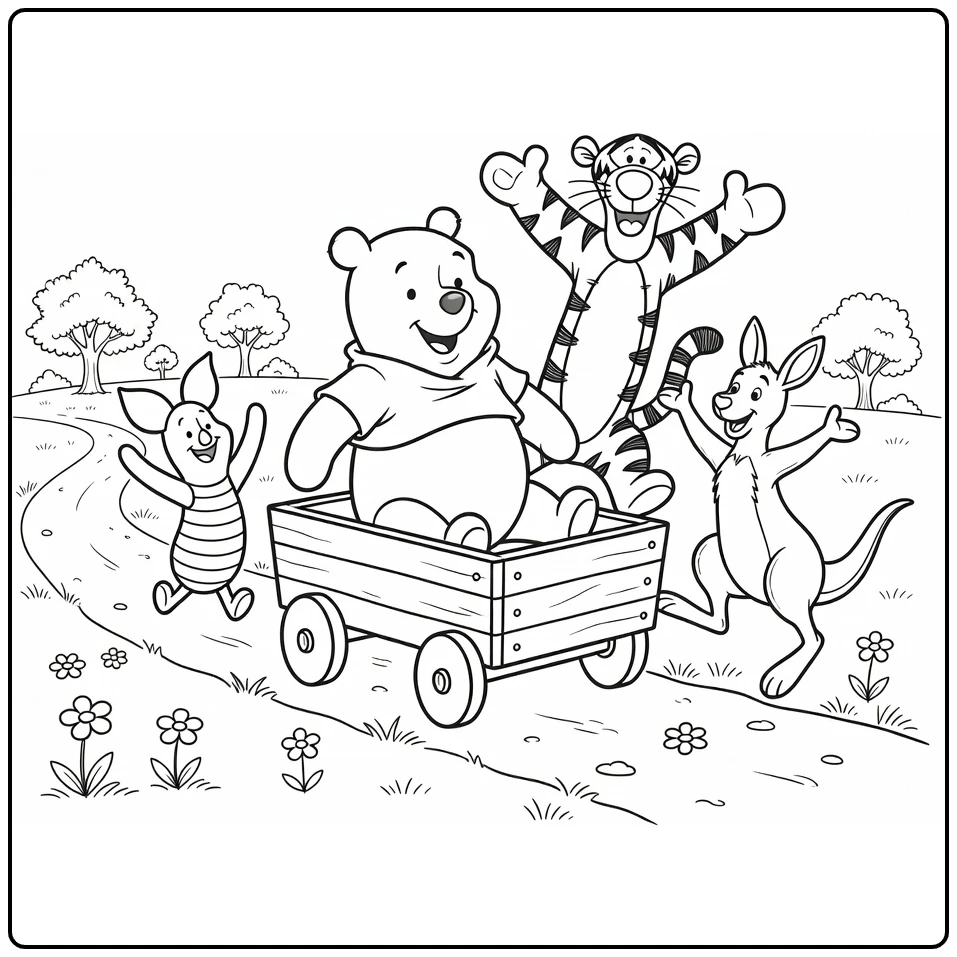 Winnie the Pooh on Adventure with Friends in the Nature coloring page