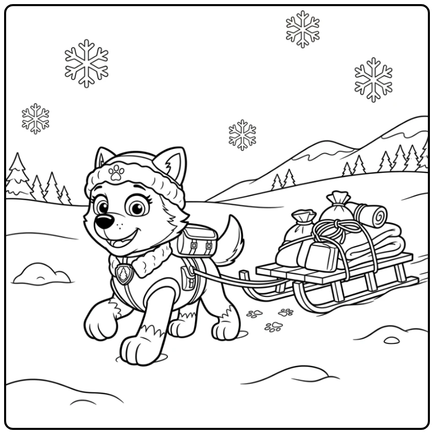 Wintry Everest Paw Patrol with a Sleigh and Pup Power coloring page