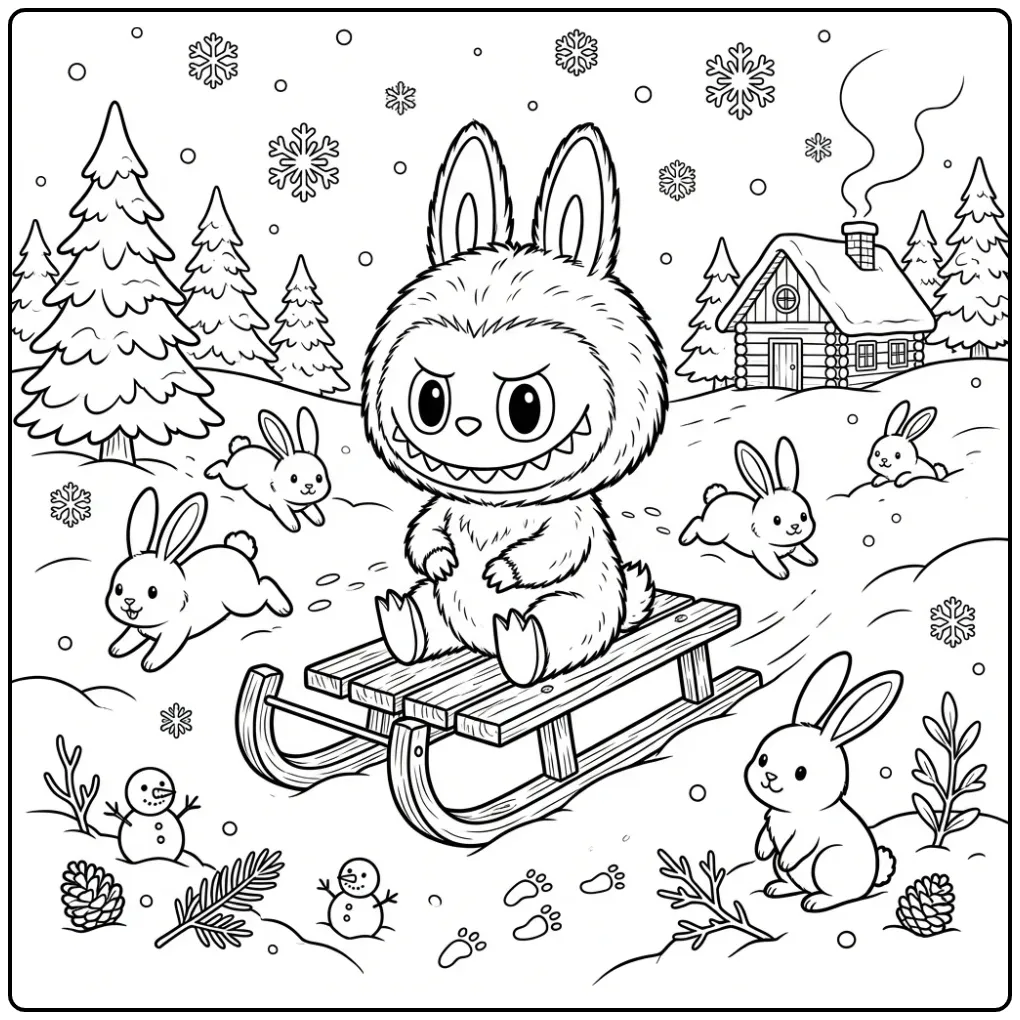 Wintry Labubu Have a Seat with Rabbits coloring page