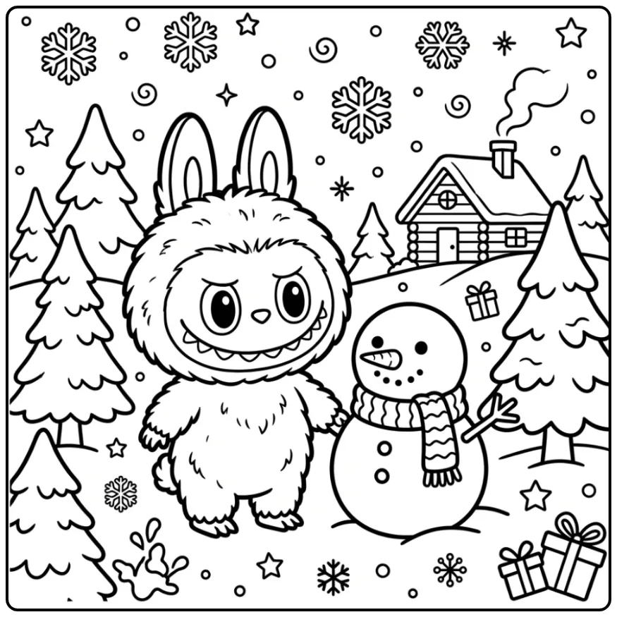Wintry Easy Labubu with Snowman coloring page