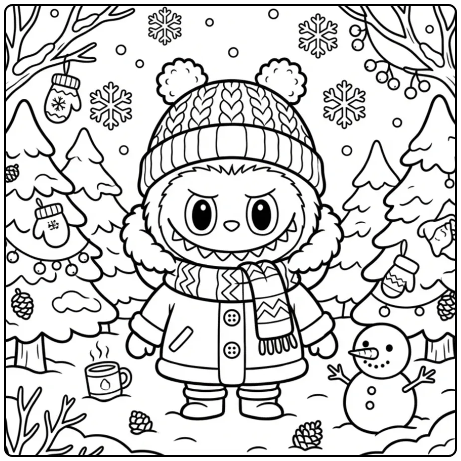 Labubu in Winter Clothes in the Snow coloring page