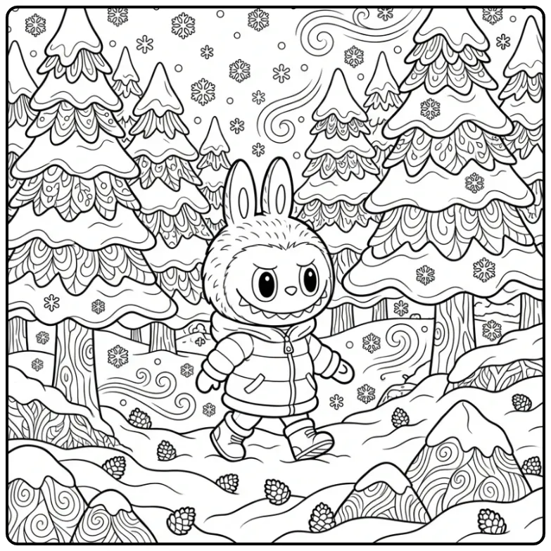 Wintry Detailed Labubu in the Forest coloring page