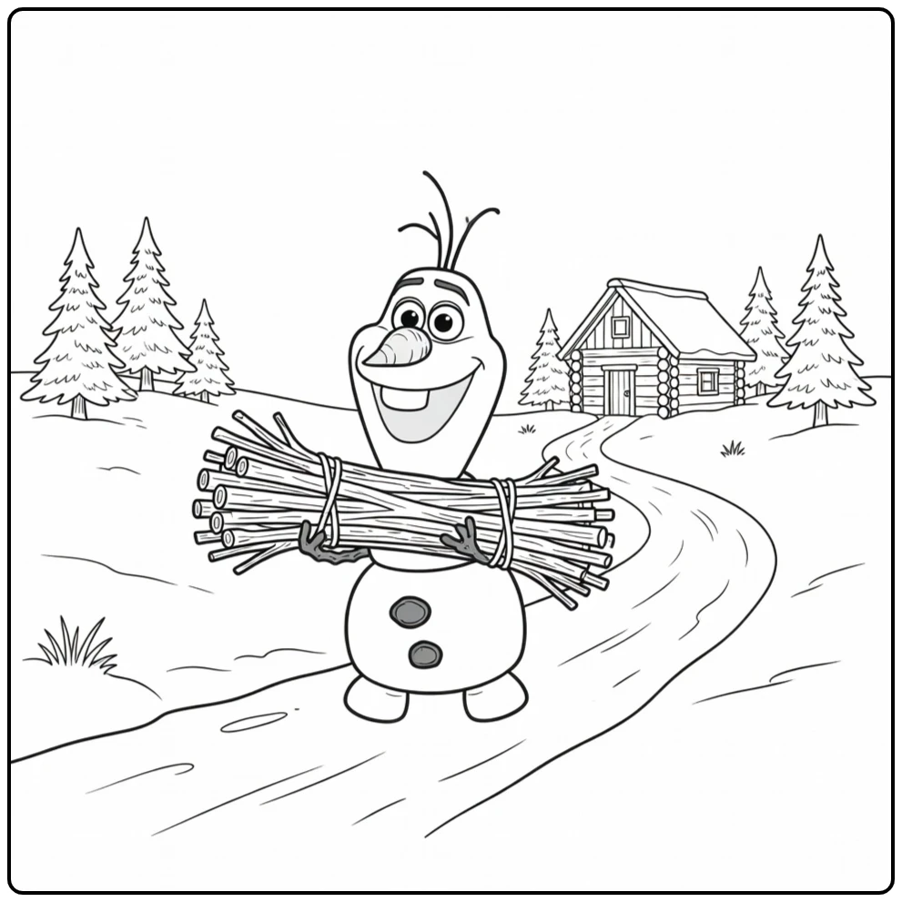 Wintry Olaf Kindling and Pine Trees coloring page