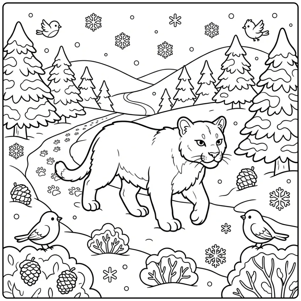 Wintry Puma Snow and Pine Trees coloring page