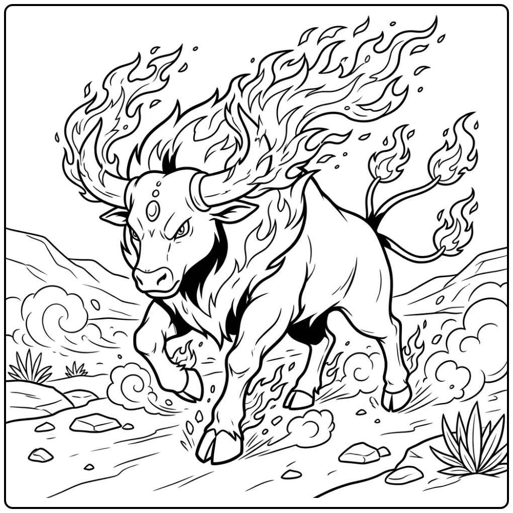 Fierce Tauros Blaze Breed Pokemon Flames and Stofwolken coloring page