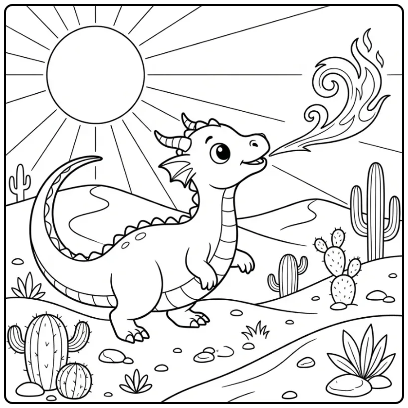 Desert Dragon with Fire and a Fierce Sun coloring page