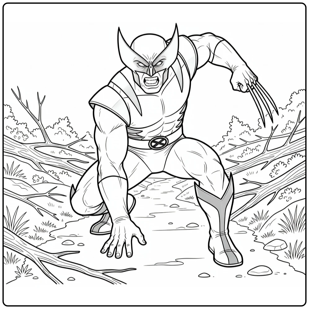 Wolverine coloring page with claws in an action pose