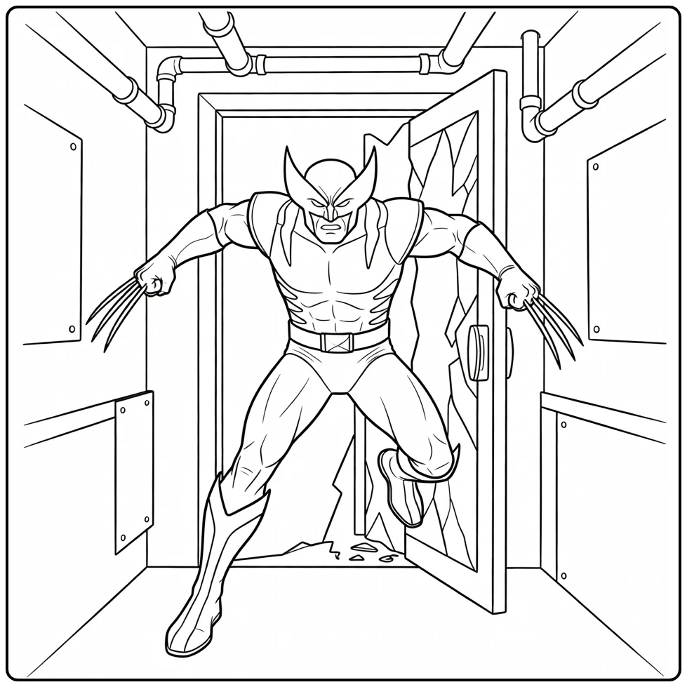 Wolverine in Industrial Corridor with Extended Claws coloring page