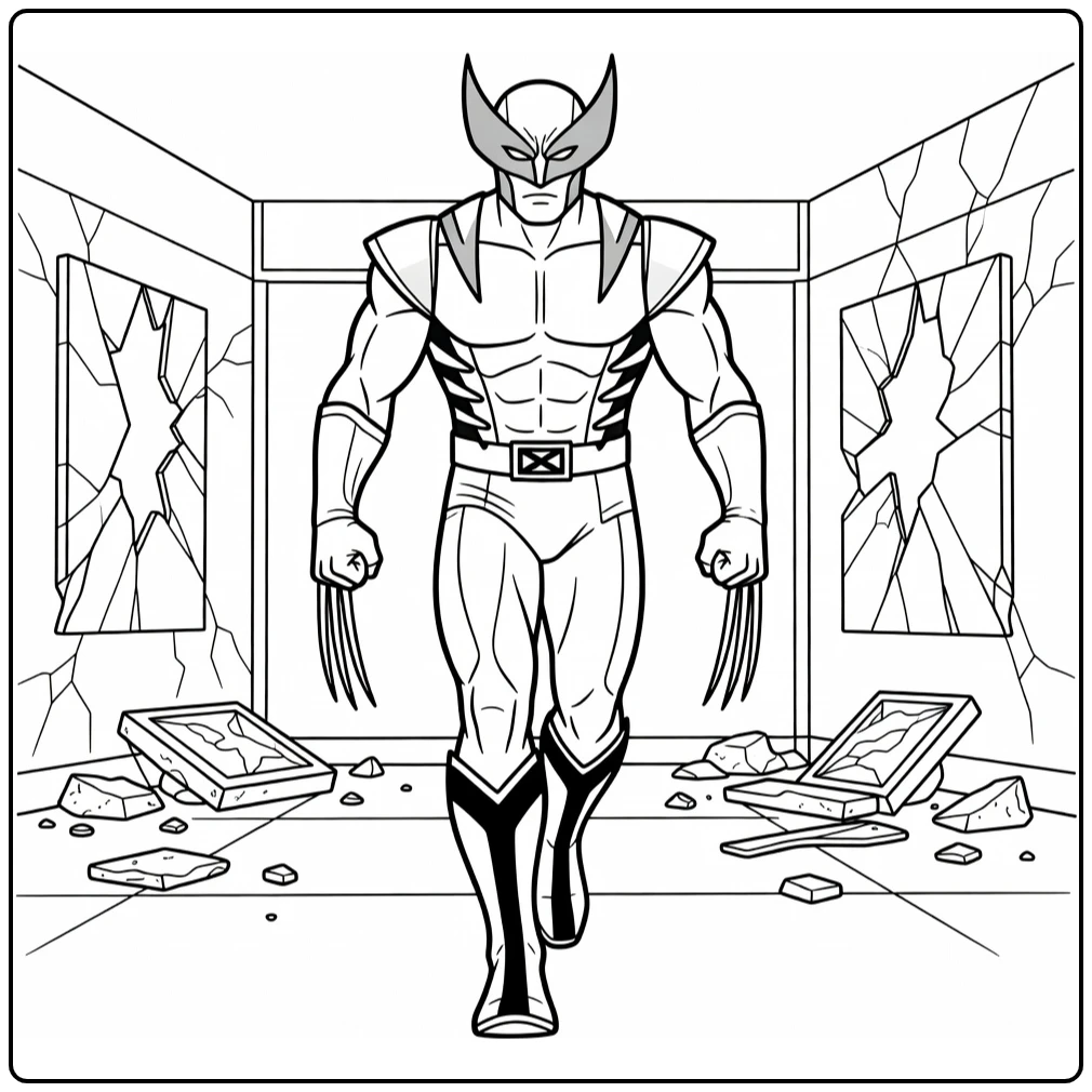 Wolverine in Damaged Training Room with Debris coloring page