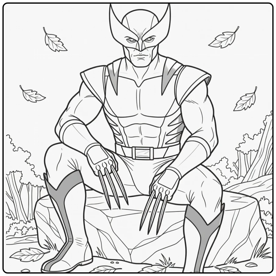 Wolverine Resting Hero on Rock in Forest coloring page