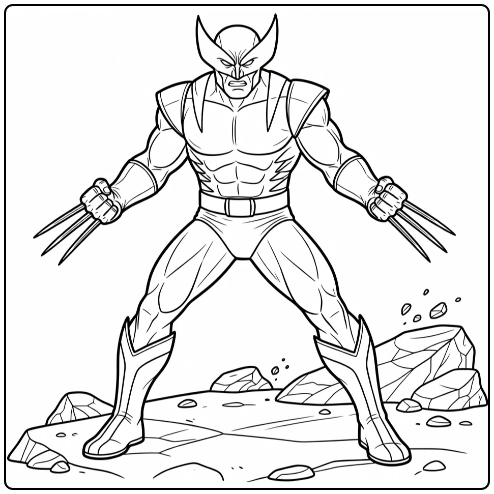 Wolverine Battle Pose on Rocky Ground coloring page