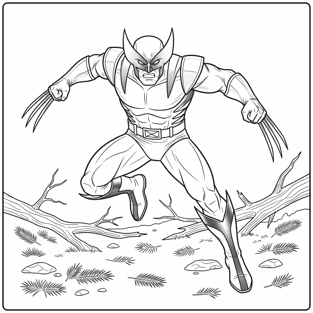 Wolverine Jumping Forward with Claws Extended coloring page