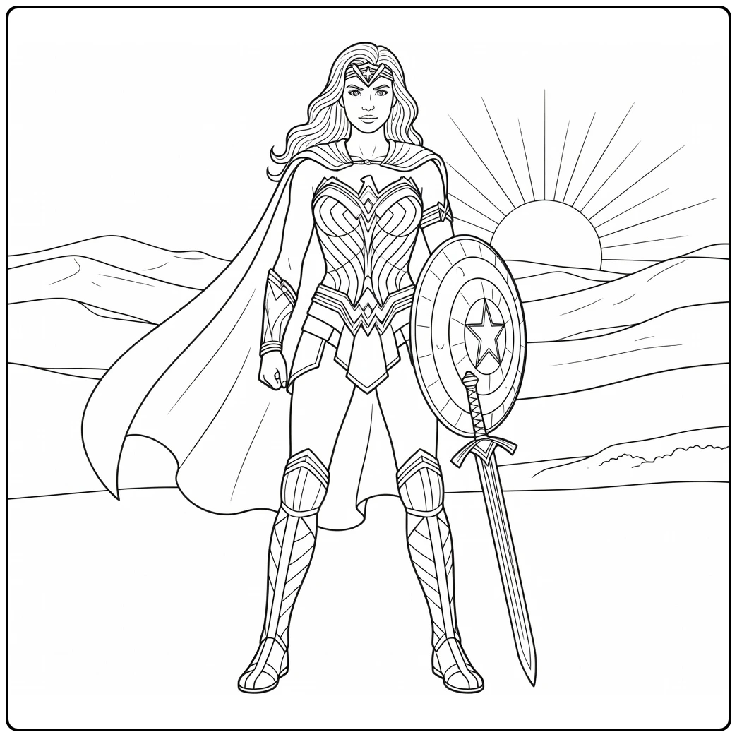 Wonder Woman Heroine with Cape Shield and Sword coloring page