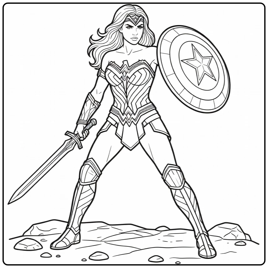Wonder Woman coloring page with a heroic action pose