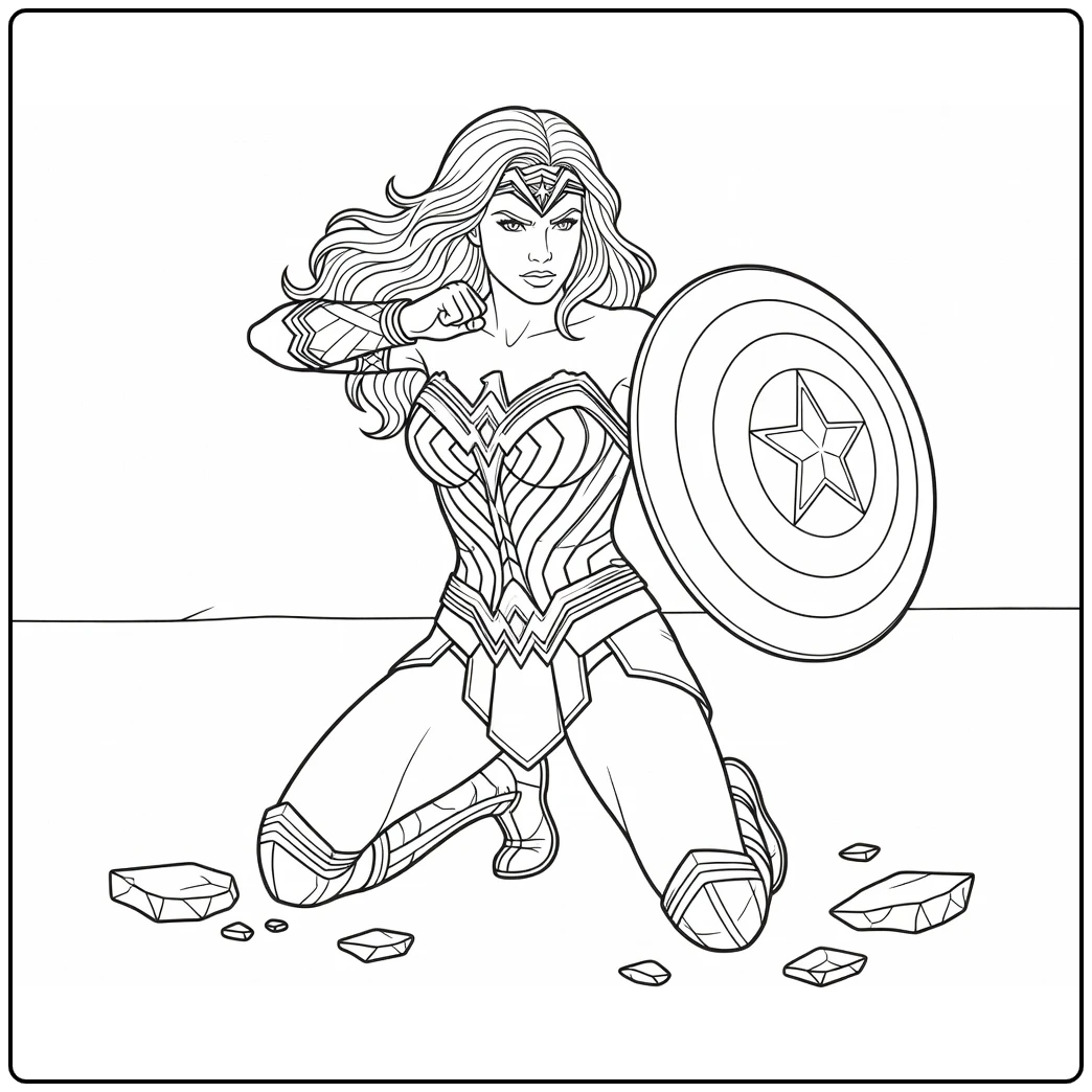 Wonder Woman in Strong Defensive Kneeling Pose coloring page