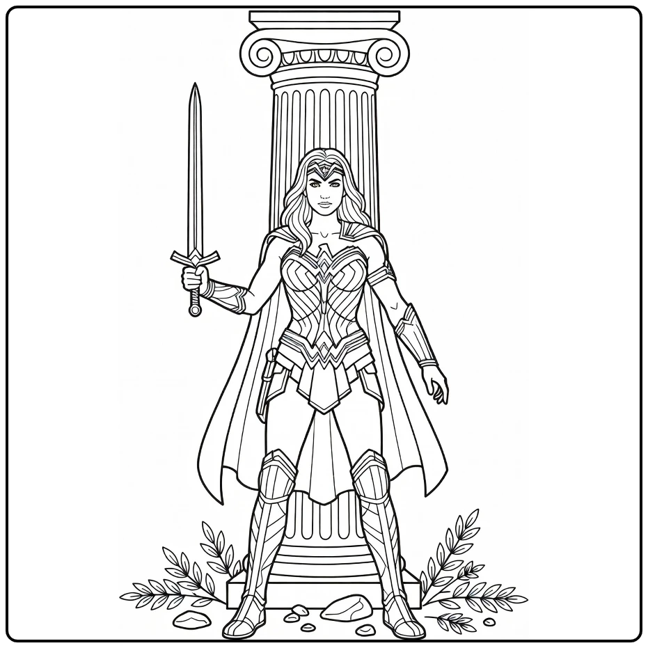 Wonder Woman Calmly and Powerful with Sword coloring page