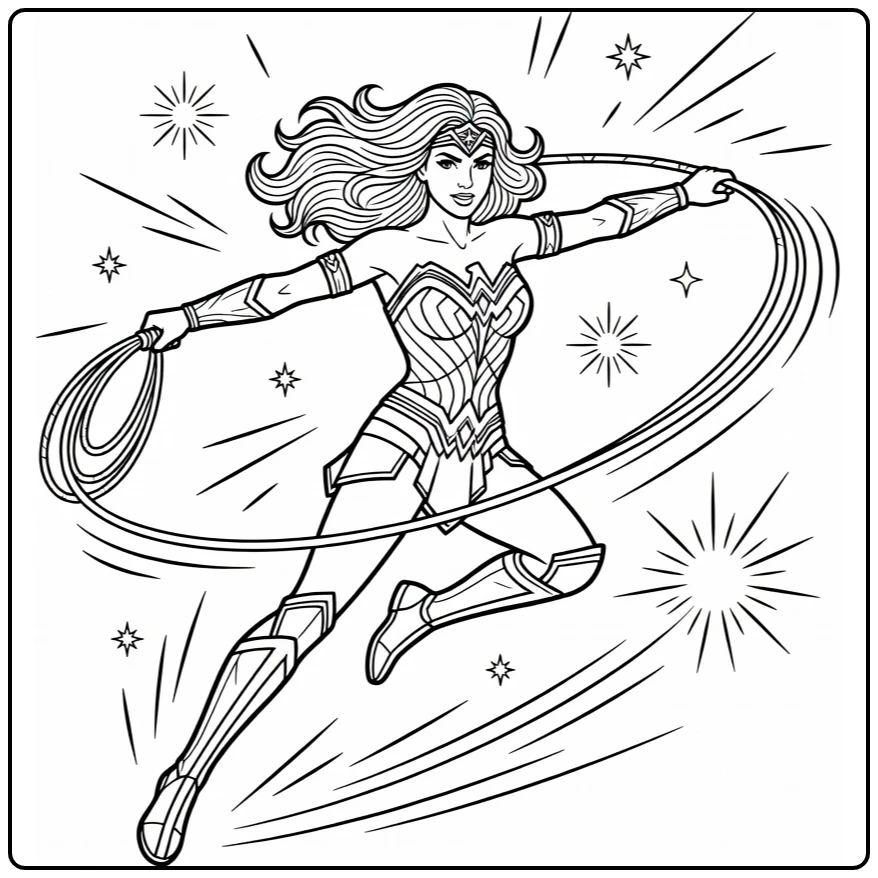 Wonder Woman with the Lasso of Truth in Dynamic Pose coloring page
