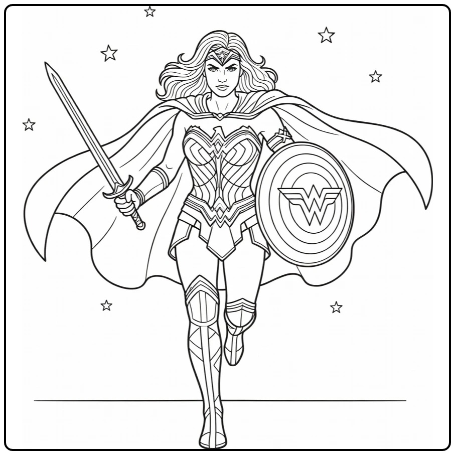 Wonder Woman Charging with Cape and Weapons Ready coloring page