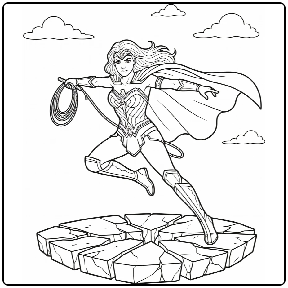 Wonder Woman Flying Cape and Lasso of Truth coloring page