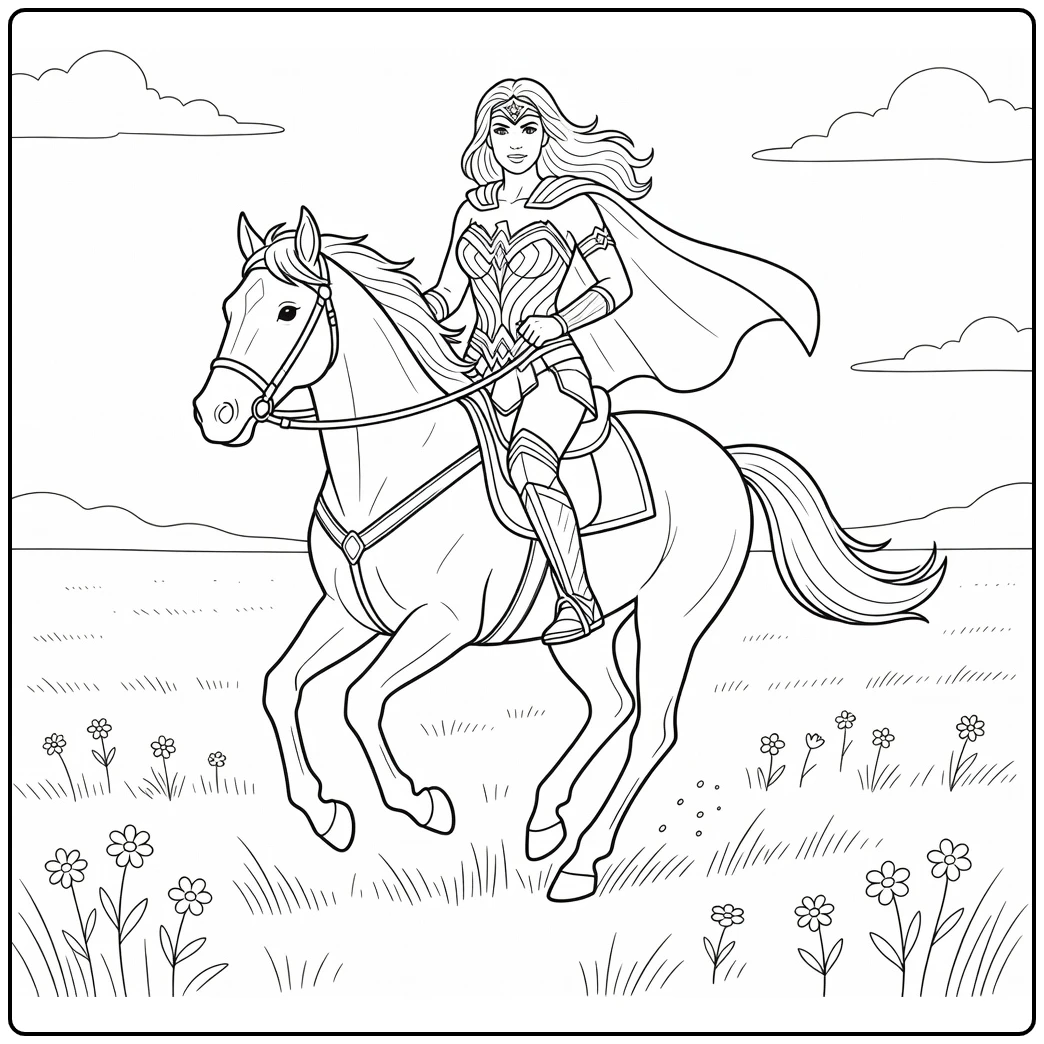 Wonder Woman on Confident Horse with Flowers coloring page