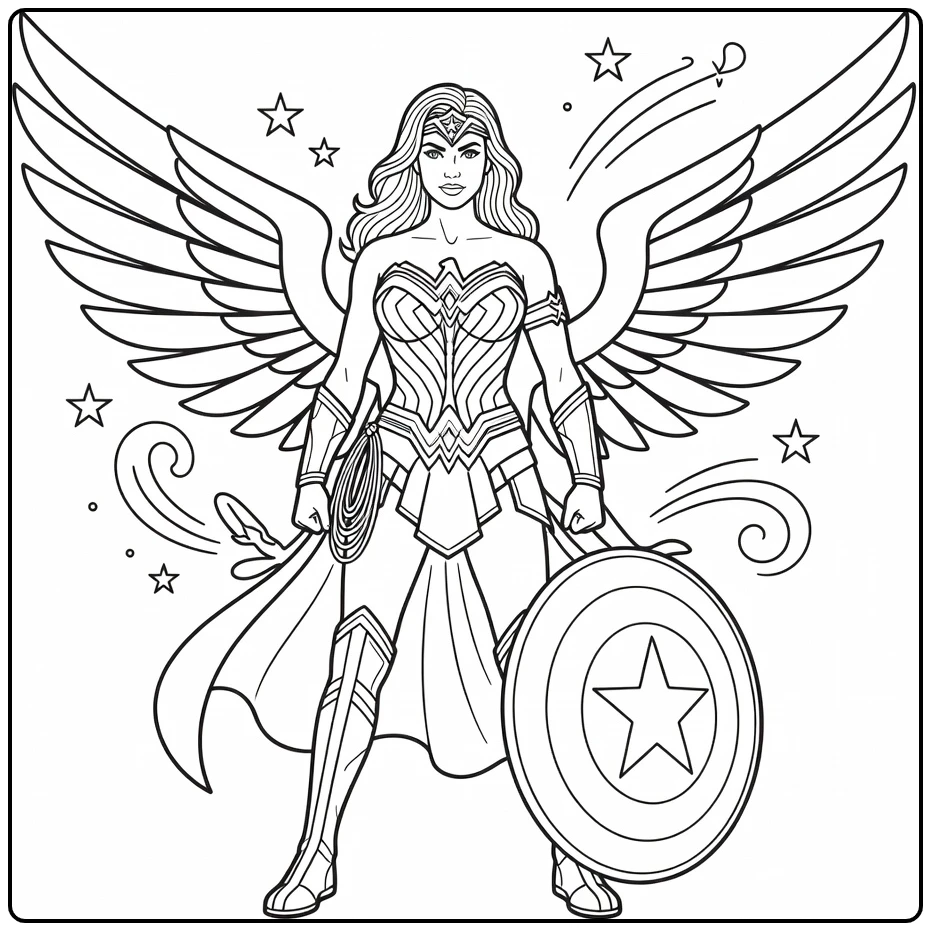 Wonder Woman Standing with Shield and Eagle Emblem coloring page