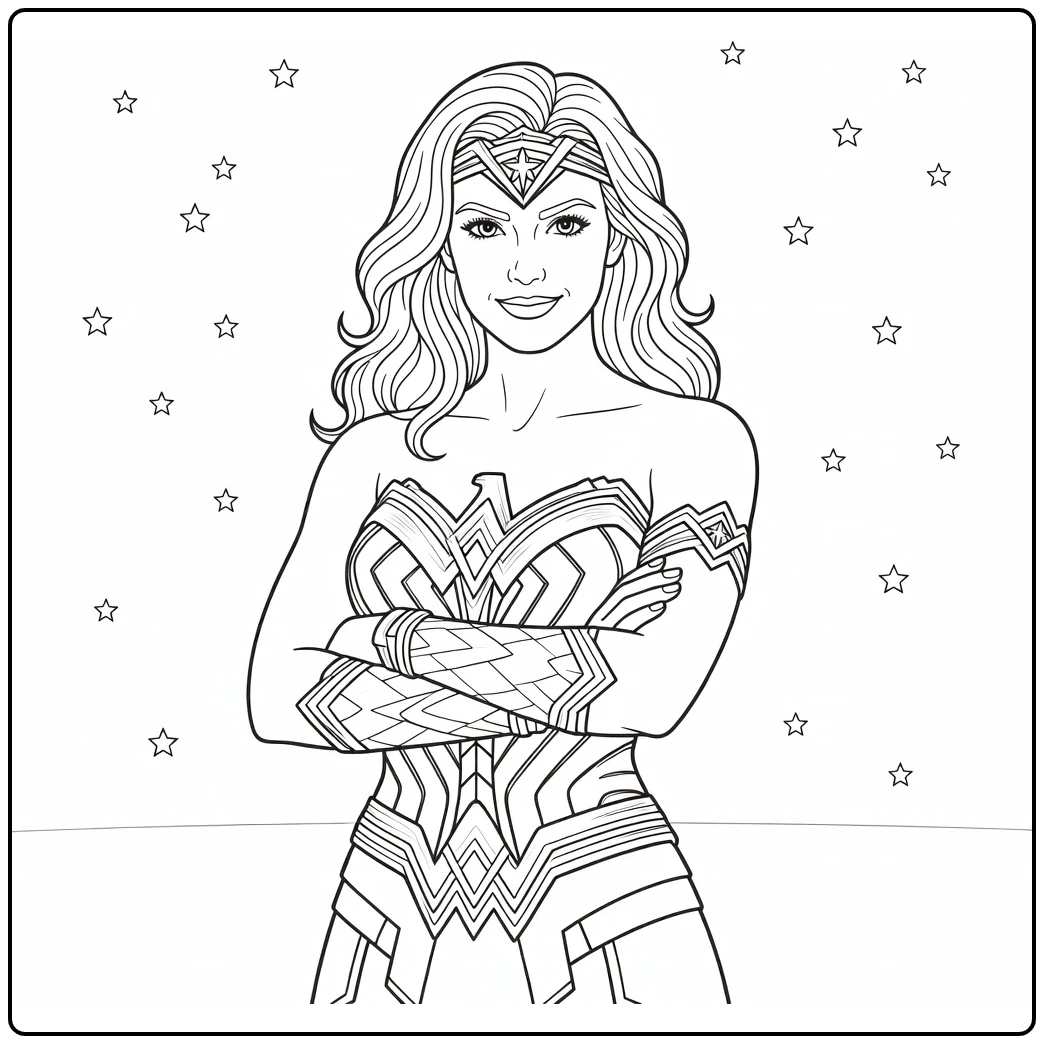 Wonder Woman Confident with Tiara and Stars coloring page