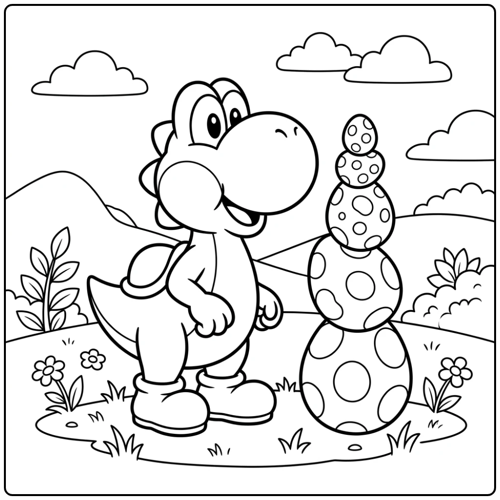 Yoshi with His Neatly Stacked Eggs coloring page