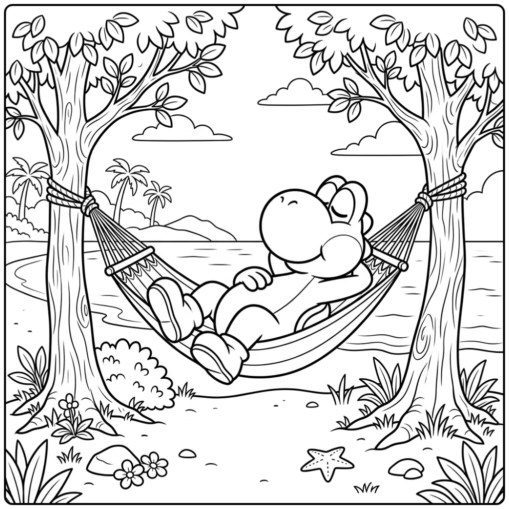 Yoshi Relaxing a Hammock Ready coloring page