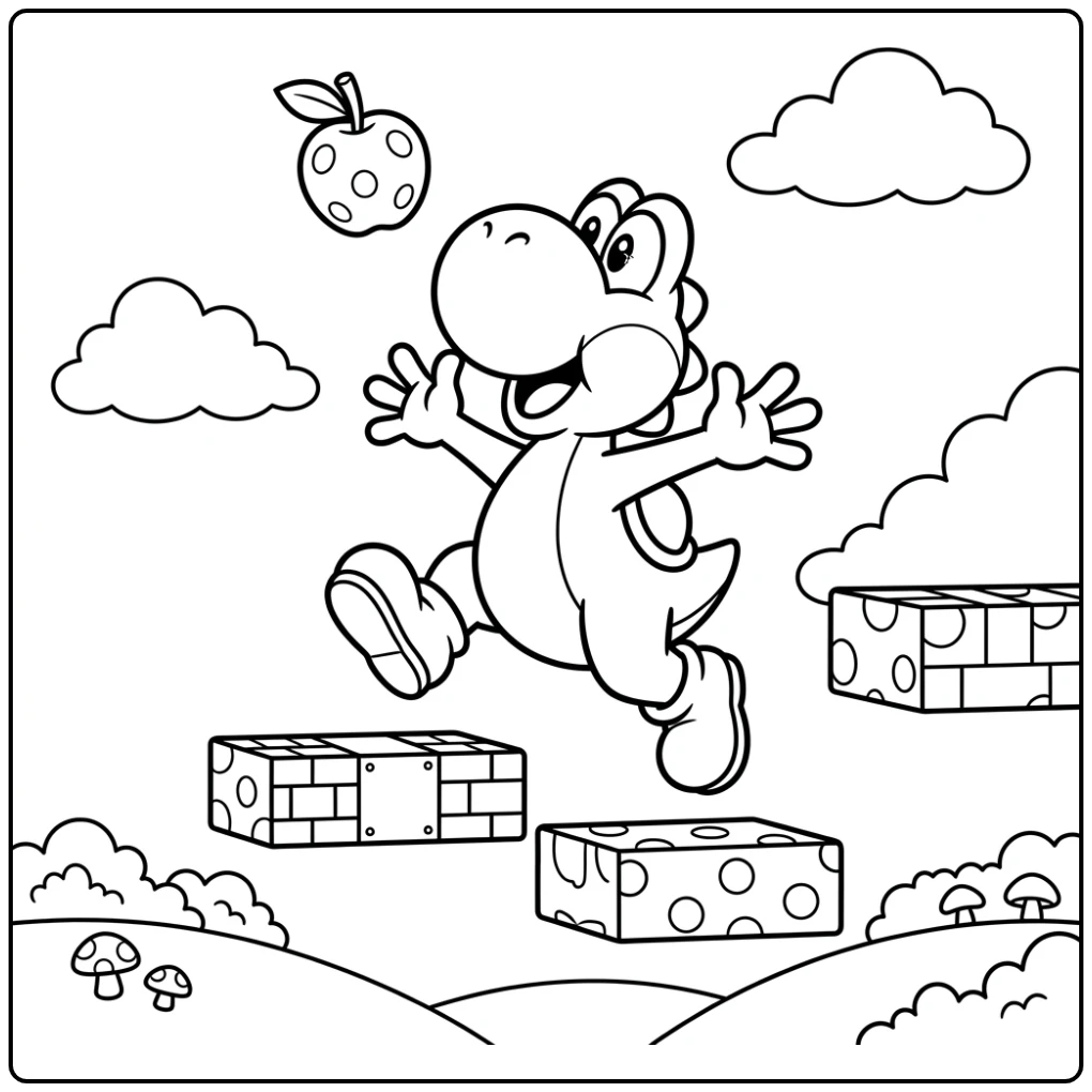 Yoshi coloring page with a playful adventure