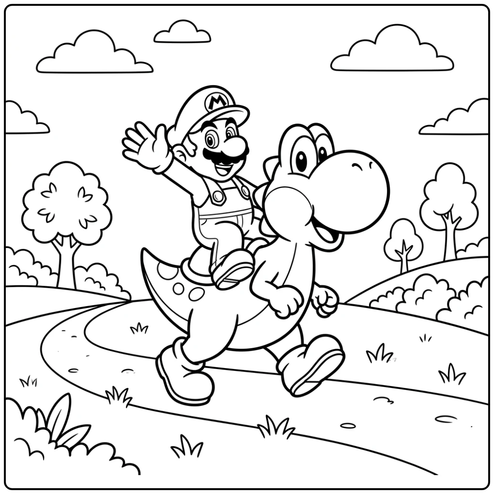 Yoshi Mario Riding on Yoshi's Back Through the Grass coloring page