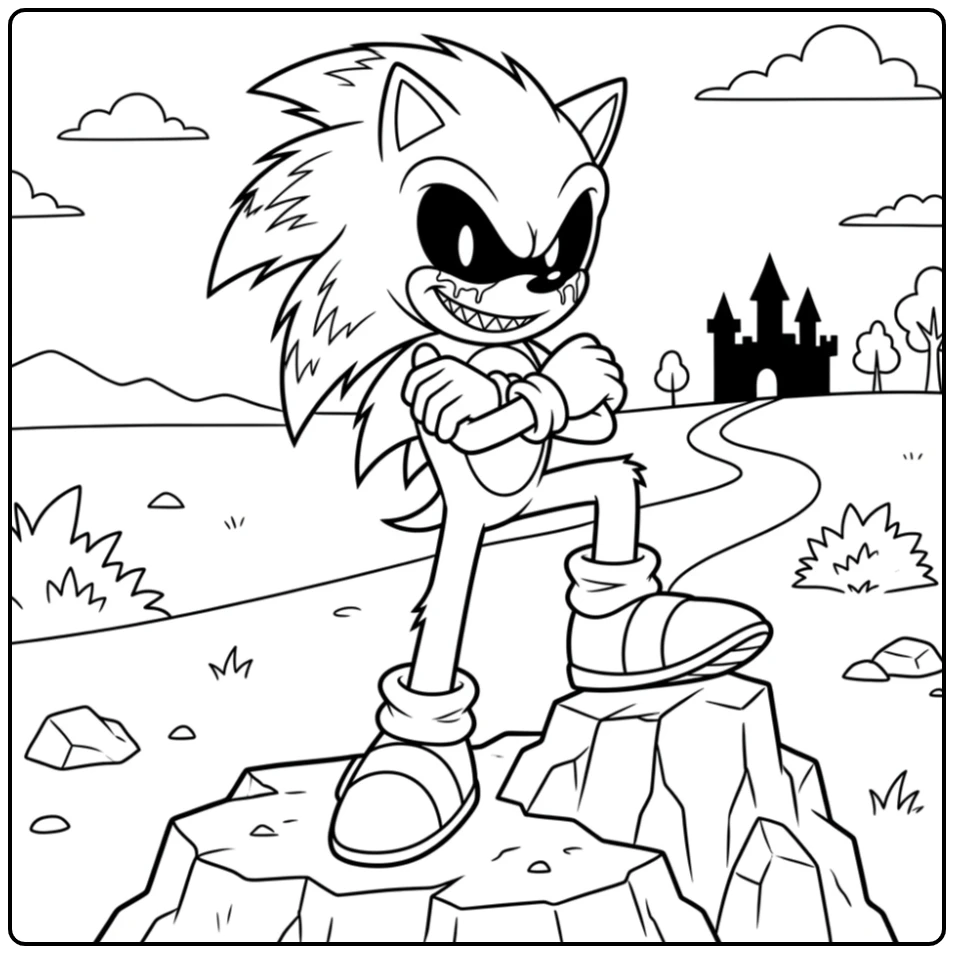 Confident Sonic.EXE Posing on Rock coloring page