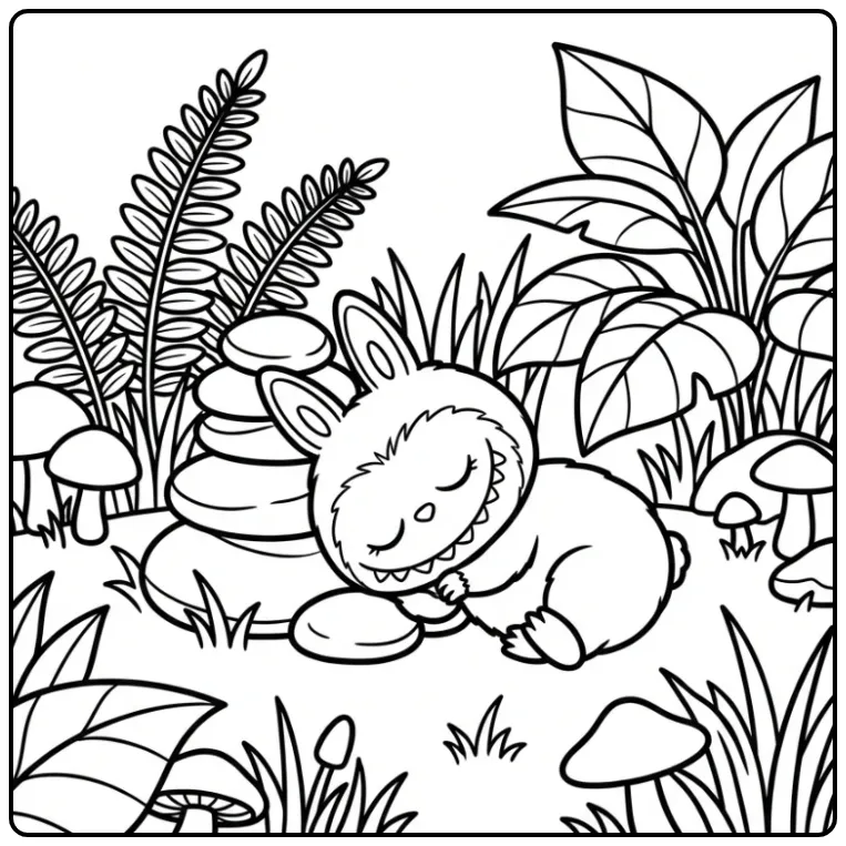 Zen Meditation Cute Labubu with Stone coloring page
