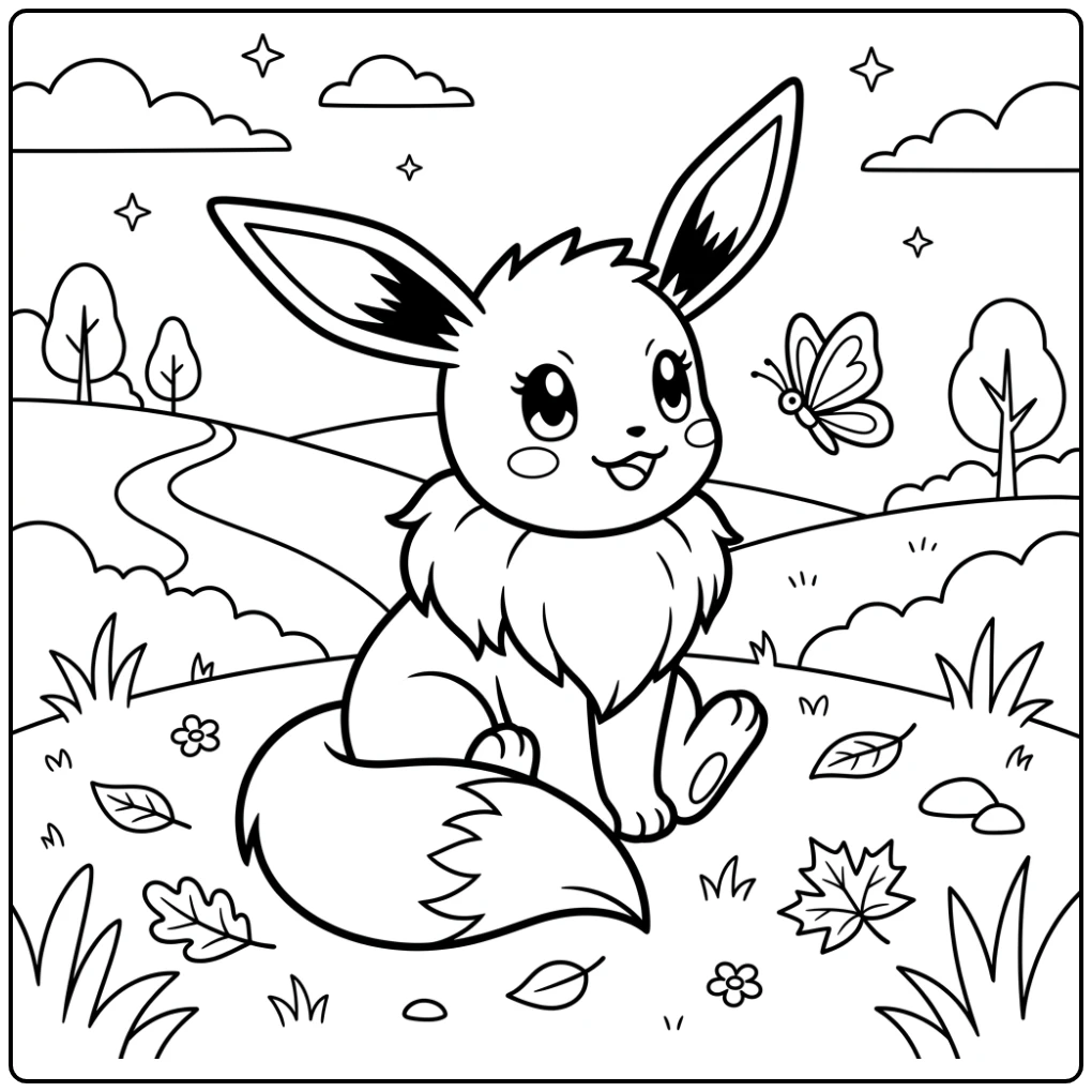 Sitting Eevee Looking Toward Butterfly Pokemon Easy coloring page