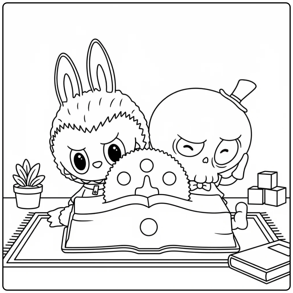 Sweet Saturday Labubu Adventurously Reading coloring page